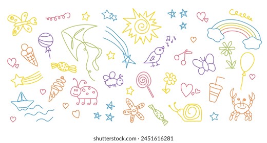 Doodle Summer children elements collection. Colorful abstract happy time illustration. Simple cartoon art drawing. Cute kids holidays background. Outline kite, sweets, sun, rainbow
