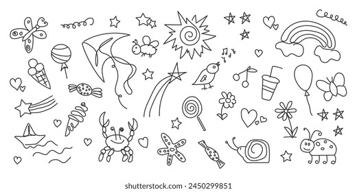 Doodle Summer children's elements collection. Black and white illustration. Simple abstract drawing. Cute kids holiday background. Cartoon outline kite, ice cream, star, rainbow