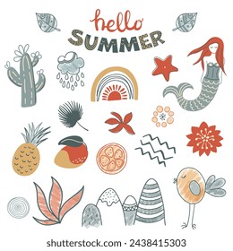 Doodle summer collection. Hand drawn vector illustration set of summer elements.