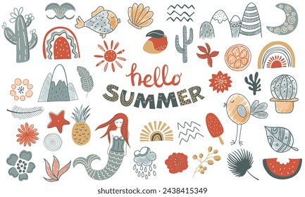 Doodle summer collection. Hand drawn vector illustration set of summer elements.