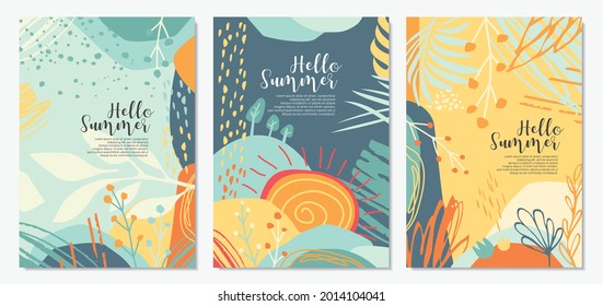 Diseño de dibujos de verano Doodle para cubiertas, invitaciones, tarjetas, banners de venta, carteles, fondos o volantes. Elementos de diseño y gráficos de verano florales. Conjunto de vector colorido con paisaje veraniego.