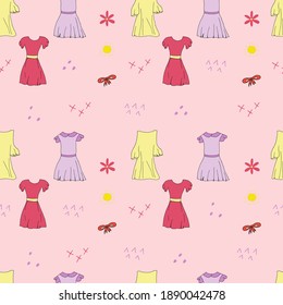 Doodle summer dress seamless pattern. hand drawn background. Vector illustration