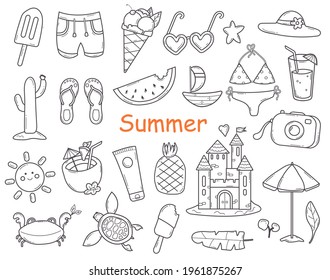 Doodle Summer Elements and Accessories for Beach Holidays in sketch style.Hand Drawn Line of Drinks, Tropical Fruits, Clothes, Marine Animals,Ice Cream. Vector Illustration.Collection for Web, Design.