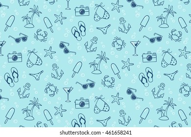 Doodle summer elements background. Cute hand drawn summer objects isolated on blue background. Vector illustration.
