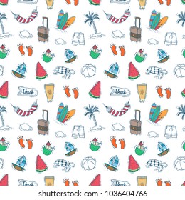 doodle summer elements collection in seamless pattern with white background