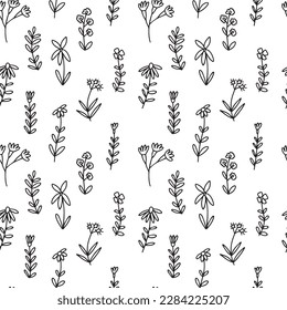 Doodle summer flowers seamless pattern. Vector mille fleur pattern on white background.