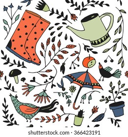 Doodle summer garden seamless pattern vector