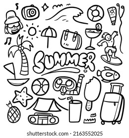 doodle summer handraw cartoon set black and white