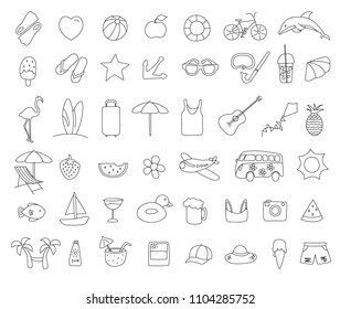 Doodle summer icon set.Simple outline black set. Vector 
