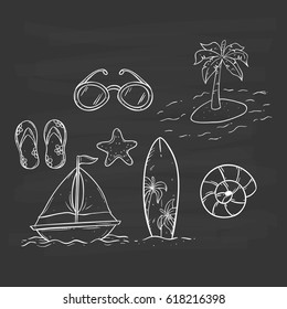 doodle summer icons or elements on chalkboard background