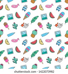 Doodle Summer Icons in Seamless Pattern on White Background