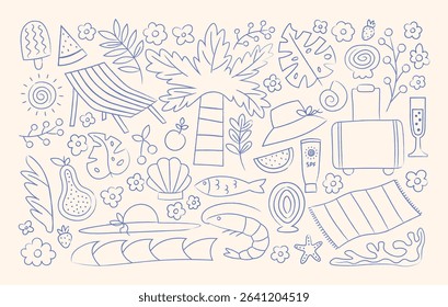 Doodle summer illustration set. Travel vacation hand drawn elements. Tropical, beach, nautical, marine, sea, ocean vector collection for scrapbooking, cards.
