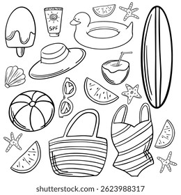 Doodle summer items set. Summer leisure accessories