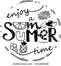 Doodle summer lettering card. Summertime phrase vector illustration