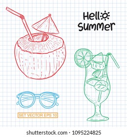 doodle summer , line art coconut, orange water, glasses with background paper