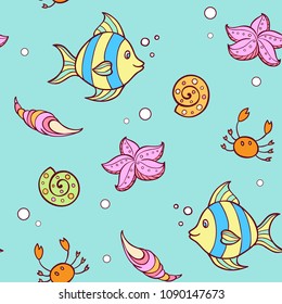 Doodle summer marine seamless pattern with fish and sea shells. Vector illustration.