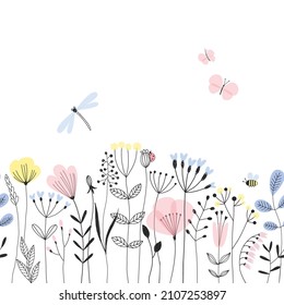 Doodle summer meadow plants and insects vector seamless boarder pattern. Line art style blossom background. Floral field surface design for nursery.