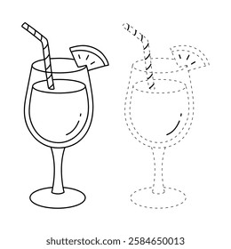 Doodle summer orange juice cocktail drink coloring pages. Trace and color orange juice cocktail. Summer worksheets activity printable. Cartoon summer orange juice fresh, citrus drink clip art vector.