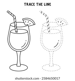 Doodle summer orange juice cocktail drink coloring pages. Trace and color orange juice cocktail. Summer worksheets activity printable. Cartoon summer orange juice fresh, citrus drink clip art vector.