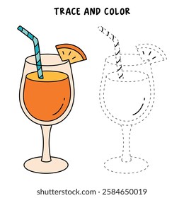 Doodle summer orange juice cocktail drink coloring pages. Trace and color orange juice cocktail. Summer worksheets activity printable. Cartoon summer orange juice fresh, citrus drink clip art vector.