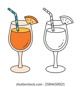 Doodle summer orange juice cocktail drink coloring pages. Trace and color orange juice cocktail. Summer worksheets activity printable. Cartoon summer orange juice fresh, citrus drink clip art vector.