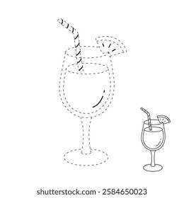 Doodle summer orange juice cocktail drink coloring pages. Trace and color orange juice cocktail. Summer worksheets activity printable. Cartoon summer orange juice fresh, citrus drink clip art vector.