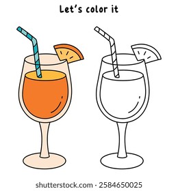 Doodle summer orange juice cocktail drink coloring pages. Trace and color orange juice cocktail. Summer worksheets activity printable. Cartoon summer orange juice fresh, citrus drink clip art vector.