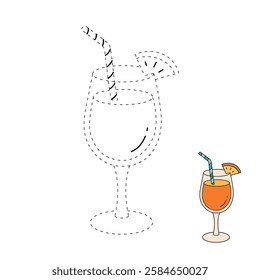 Doodle summer orange juice cocktail drink coloring pages. Trace and color orange juice cocktail. Summer worksheets activity printable. Cartoon summer orange juice fresh, citrus drink clip art vector.