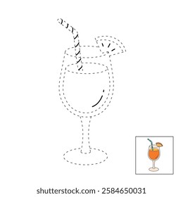 Doodle summer orange juice cocktail drink coloring pages. Trace and color orange juice cocktail. Summer worksheets activity printable. Cartoon summer orange juice fresh, citrus drink clip art vector.