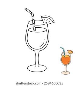 Doodle summer orange juice cocktail drink coloring pages. Trace and color orange juice cocktail. Summer worksheets activity printable. Cartoon summer orange juice fresh, citrus drink clip art vector.