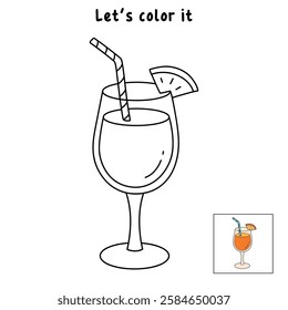 Doodle summer orange juice cocktail drink coloring pages. Trace and color orange juice cocktail. Summer worksheets activity printable. Cartoon summer orange juice fresh, citrus drink clip art vector.