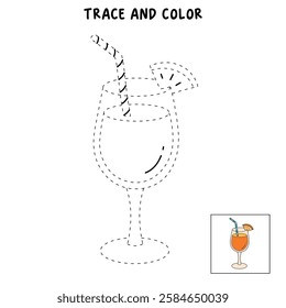 Doodle summer orange juice cocktail drink coloring pages. Trace and color orange juice cocktail. Summer worksheets activity printable. Cartoon summer orange juice fresh, citrus drink clip art vector.