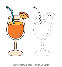 Doodle summer orange juice cocktail drink coloring pages. Trace and color orange juice cocktail. Summer worksheets activity printable. Cartoon summer orange juice fresh, citrus drink clip art vector.