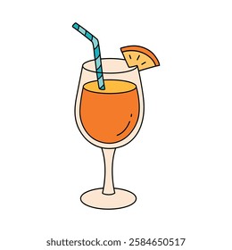 Doodle summer orange juice cocktail drink isolated on white background. Cartoon summer orange juice fresh, citrus drink clip art vector.