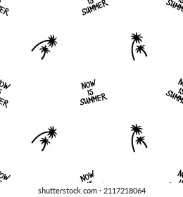 Doodle summer palm seamless pattern. Black sketch background. Outline drawing logo minimal style.