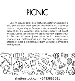 Doodle summer picnic banner with free place for text on white background. Hand drawn barbecue and relax sport time elements