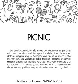 Doodle summer picnic banner with free place for text at the bottom on white background. Hand drawn barbecue and relax sport time elements