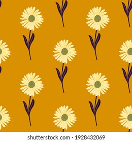 Doodle summer seamless pattern with chrysanthemum flowers elements ornament. Orange background. Stock illustration. Vector design for textile, fabric, giftwrap, wallpapers.