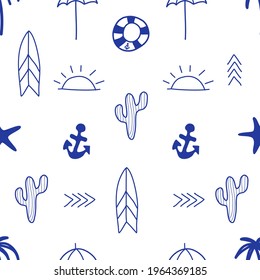 Doodle summer seamless pattern on white background for fashion print, gift wrapping, wallpaper etc 