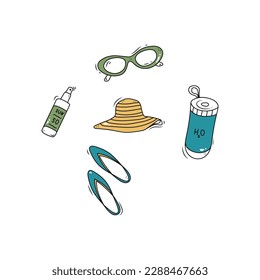 Conjunto de accesorios de playa para el verano de Doodle: gafas de sol, sombrero, crema de espf, agua, lonchas. Estilo de esbozo dibujado a mano