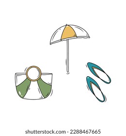 Doodle summer set of beach accessories: sun unbrells, beach bag, summer slippers.