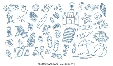 Doodle summer set. Hand drawn vintage doodle drawing. Summer vacation collection. Doodle drawings for cards, stickers, summer sale banner.