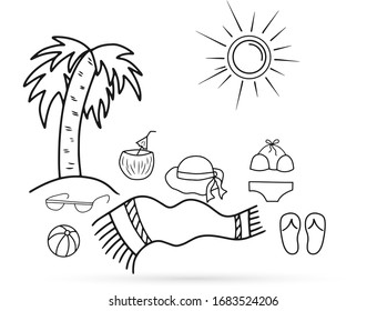 El verano Doodle está aislado. Línea de dibujo manual de esquema. Rama de recogida, gafas, etc. Ilustración de material vectorial