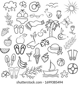 Doodle summer set isolated. Outline hand drawing art line. Collection branch, glasses, flower, apple, Beach towel, cherry, berry, srarfish etc. Vector stock illustration