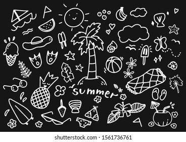 Doodle summer set with palm, pineapple,sun,bananas,ball,lettering,watermelon,sunglasses,coconut cocktails,hat,boat,ice cream.Vector travel illustrations. White line isolated on black chalkboard. 