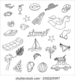 Doodle is a summer set that characterizes a summer vacation.Air mattress, glasses flippers, cocktail, ship, swimsuit, palm trees, hat on a white background.The vector set can be used in summer designs