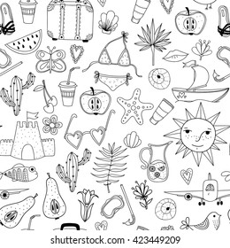 Doodle summer set vector seamless pattern. Vacation hand drawn  illustration background.