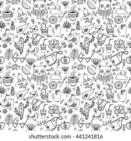 Doodle summer set vector seamless pattern. Animals, birds, flowers, fruits  hand drawn  illustration background.