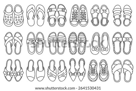 Doodle summer shoes set with sneakers, sandals, clogs, slippers, flip-flops, espadrilles, mules and ballerina flats