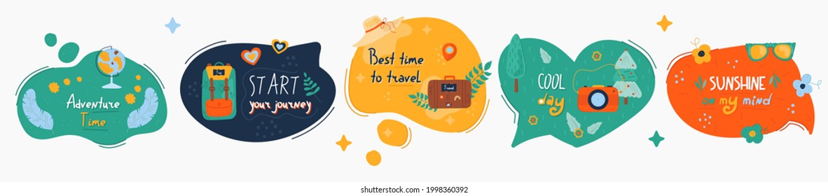 Doodle summer speech bubbles with colorful stickers. Stylized quote and slogan. Perfect for the design of mugs, gifts, textiles, cards, banners, posters, web and more